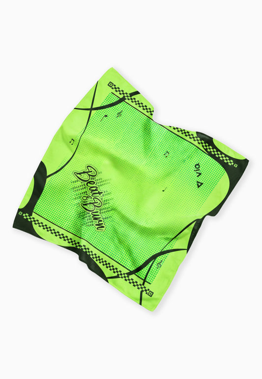 A neon green and black patterned bandana featuring the text 'Beat & Burn' and 'ViQ' printed on it, laid flat on a white background.