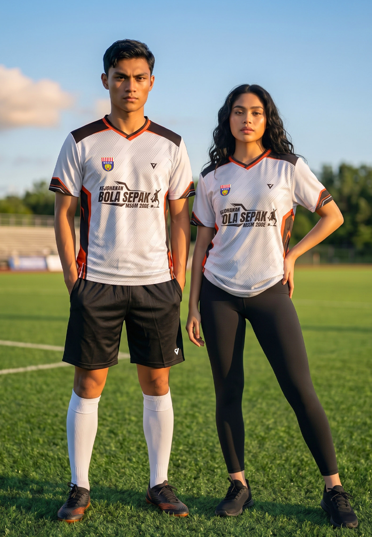 A man and a woman standing on a green soccer field wearing matching white, black, and orange sports jerseys with black shorts and leggings.