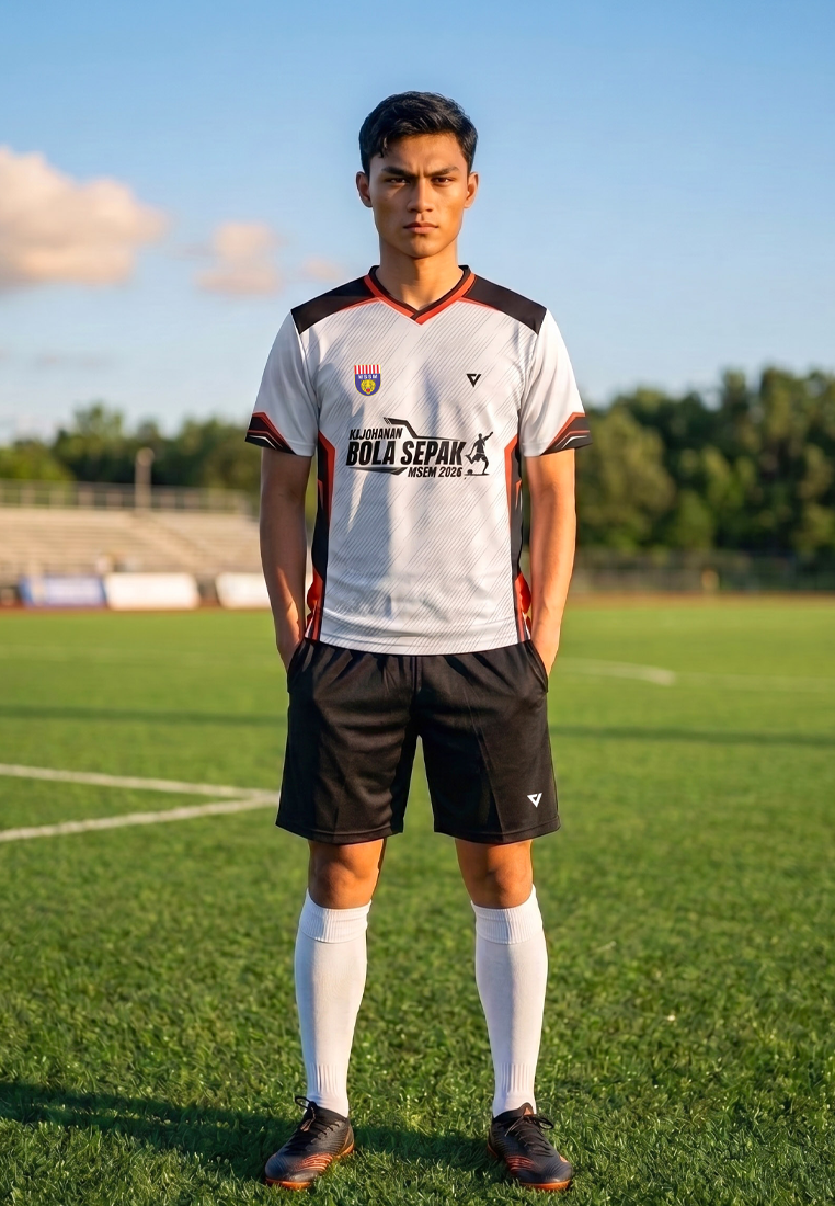 A male soccer player stands on a green field wearing a white, black, and orange Bola Sepak FC jersey, black shorts, white socks, and brown cleats under a blue sky.