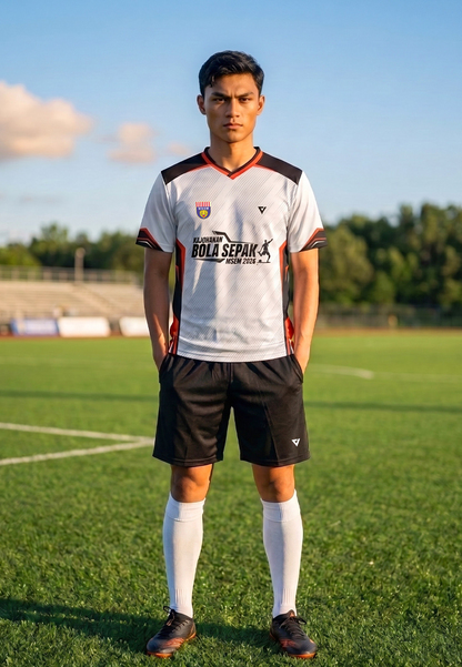 A male soccer player stands on a green field wearing a white, black, and orange Bola Sepak FC jersey, black shorts, white socks, and brown cleats under a blue sky.