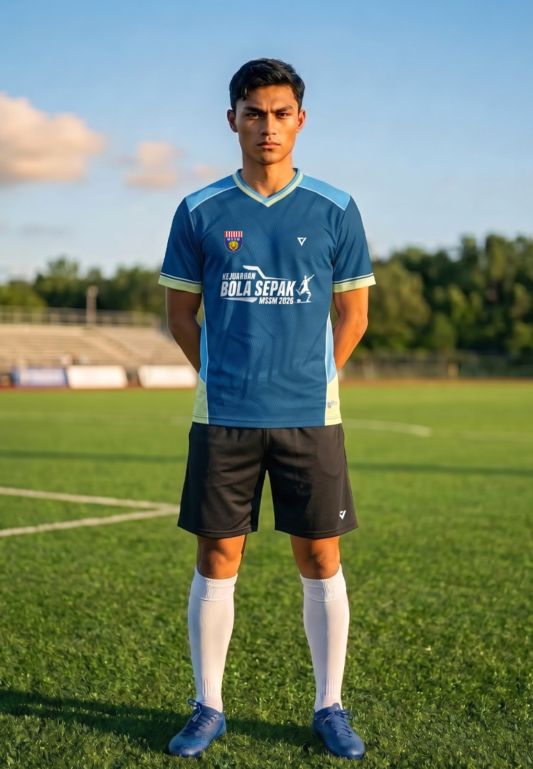 A man stands on a soccer field wearing a blue and light blue athletic jersey with 'Bola Sepak' printed on the front, black shorts, white knee-high socks, and blue cleats.