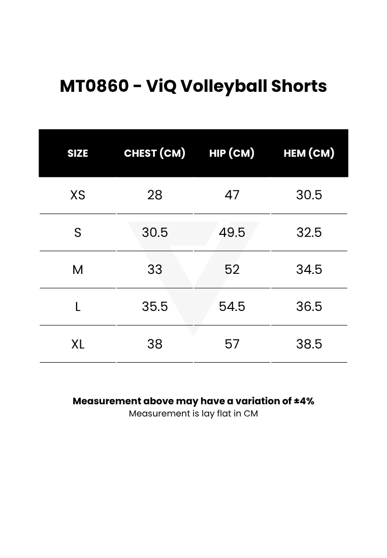 A size measurement chart for MT0860 ViQ Volleyball Shorts, showing a table with sizes XS through XL, chest, hip, and hem measurements in centimeters on a white background.