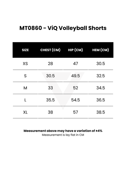 A size measurement chart for MT0860 ViQ Volleyball Shorts, showing a table with sizes XS through XL, chest, hip, and hem measurements in centimeters on a white background.