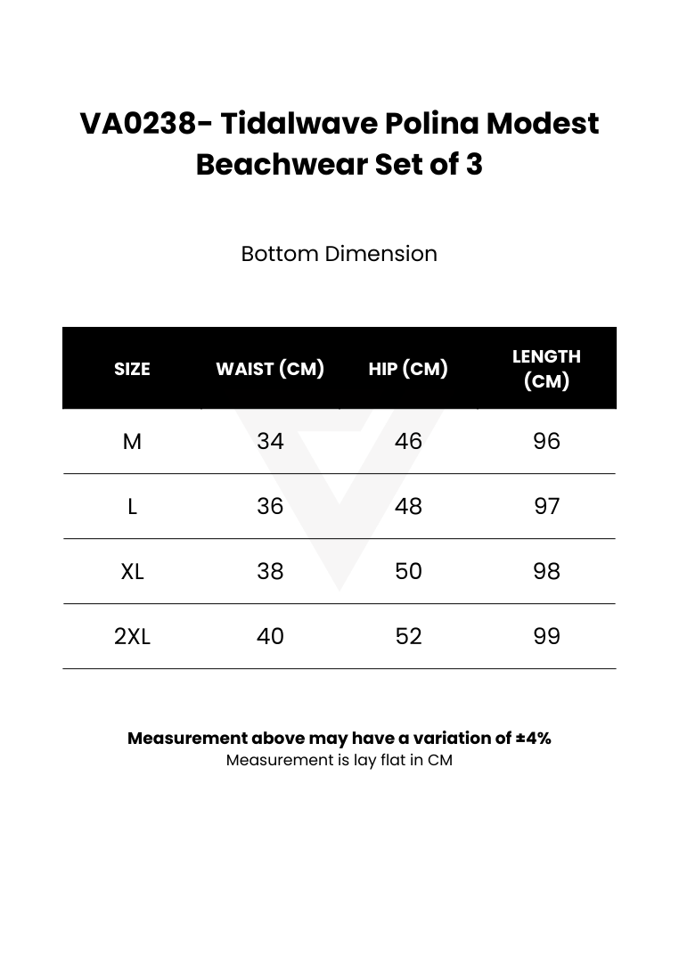 A sizing chart for the Tidalwave Polina Modest Beachwear Set of 3, showing bottom dimensions in centimeters for sizes M, L, XL, and 2XL, with a black, white, and gray color palette.