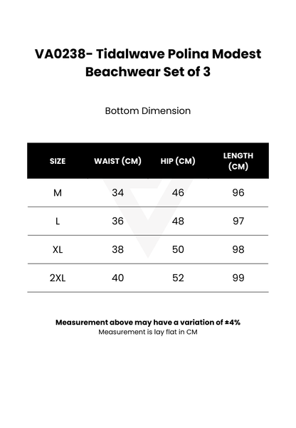 A sizing chart for the Tidalwave Polina Modest Beachwear Set of 3, showing bottom dimensions in centimeters for sizes M, L, XL, and 2XL, with a black, white, and gray color palette.