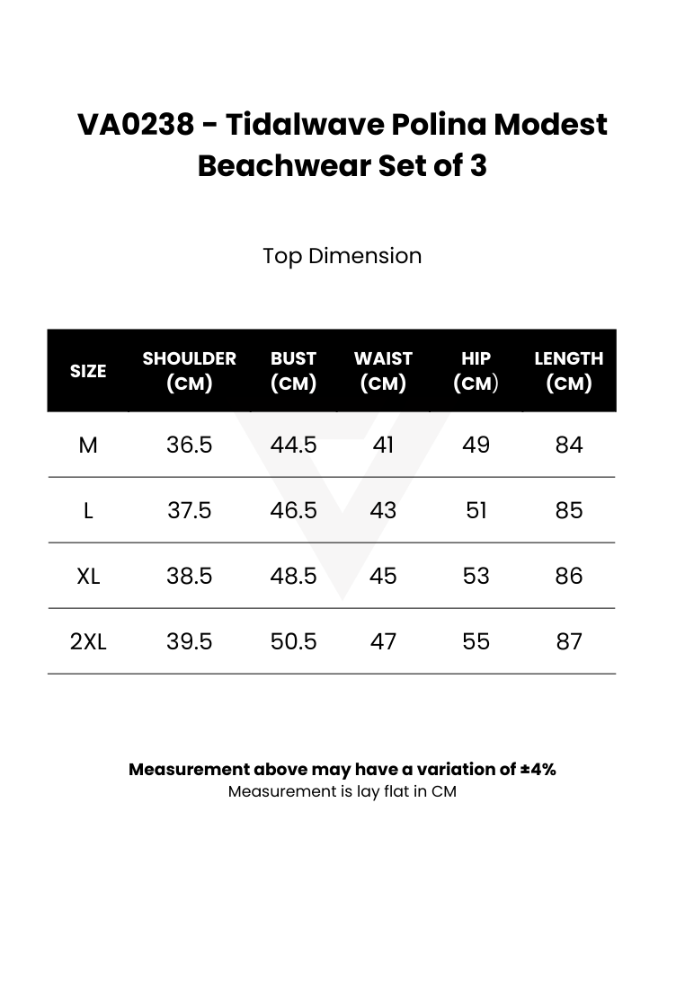 A size measurement chart for the Tidalwave Polina Modest Beachwear Set of 3, showing top dimensions in centimeters for sizes M, L, XL, and 2XL.