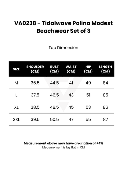 A size measurement chart for the Tidalwave Polina Modest Beachwear Set of 3, showing top dimensions in centimeters for sizes M, L, XL, and 2XL.