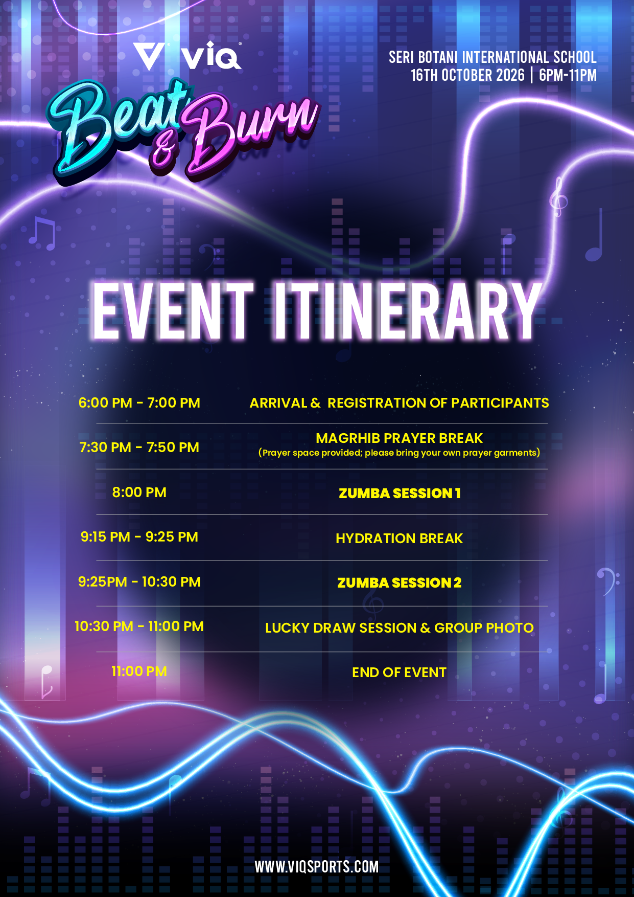 Promotional event itinerary poster for 'Beat & Burn' by viq sports, held at Seri Botani International School on October 18th. The poster features a dark purple and blue neon cityscape background with glowing wave lines, listing event timings and activities such as arrival, prayer break, zumba sessions, and a lucky draw.