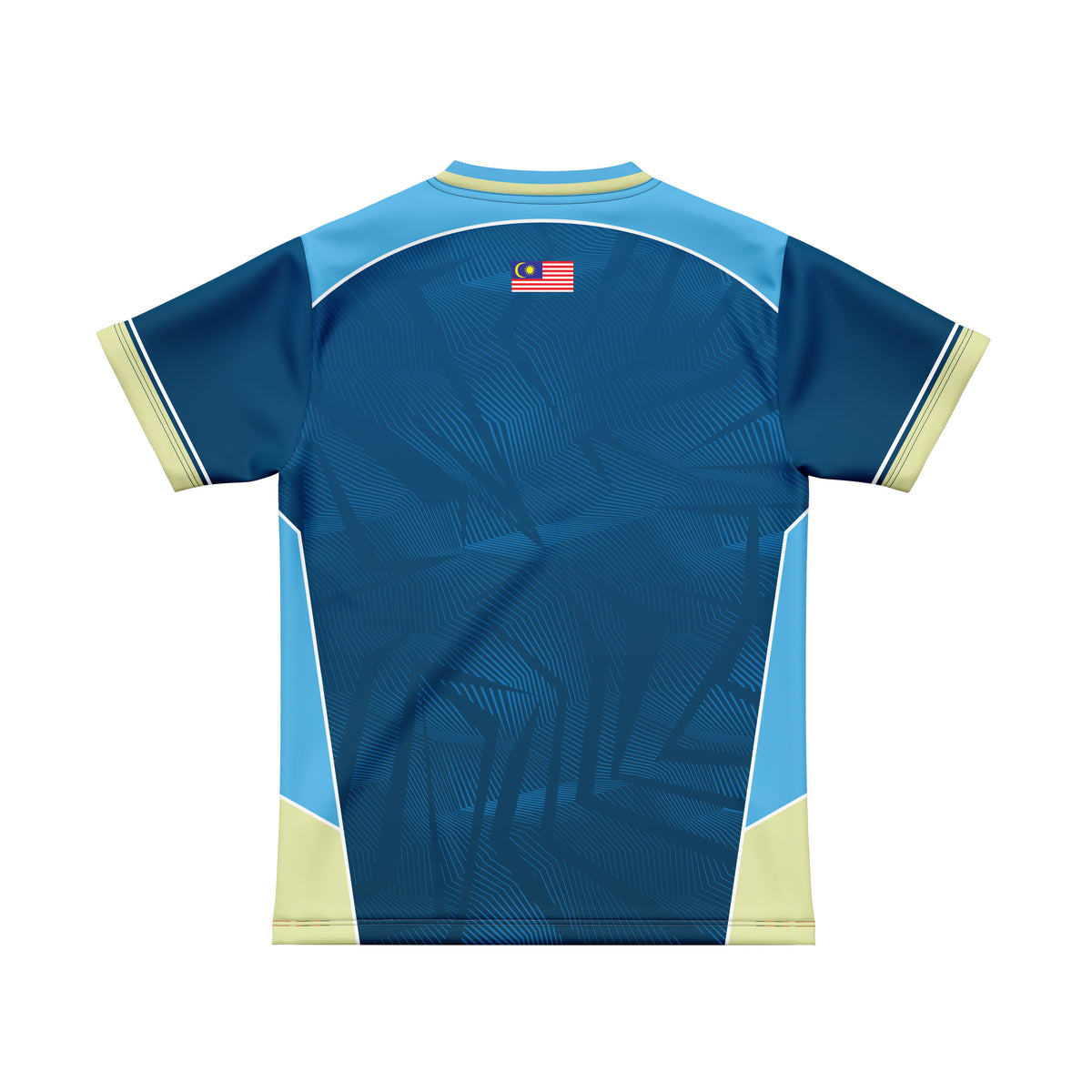 A short-sleeve athletic jersey shown from the back, featuring a dark blue body with a subtle geometric pattern, light blue side panels, pale yellow trim, and a small Malaysian flag emblem near the upper back.