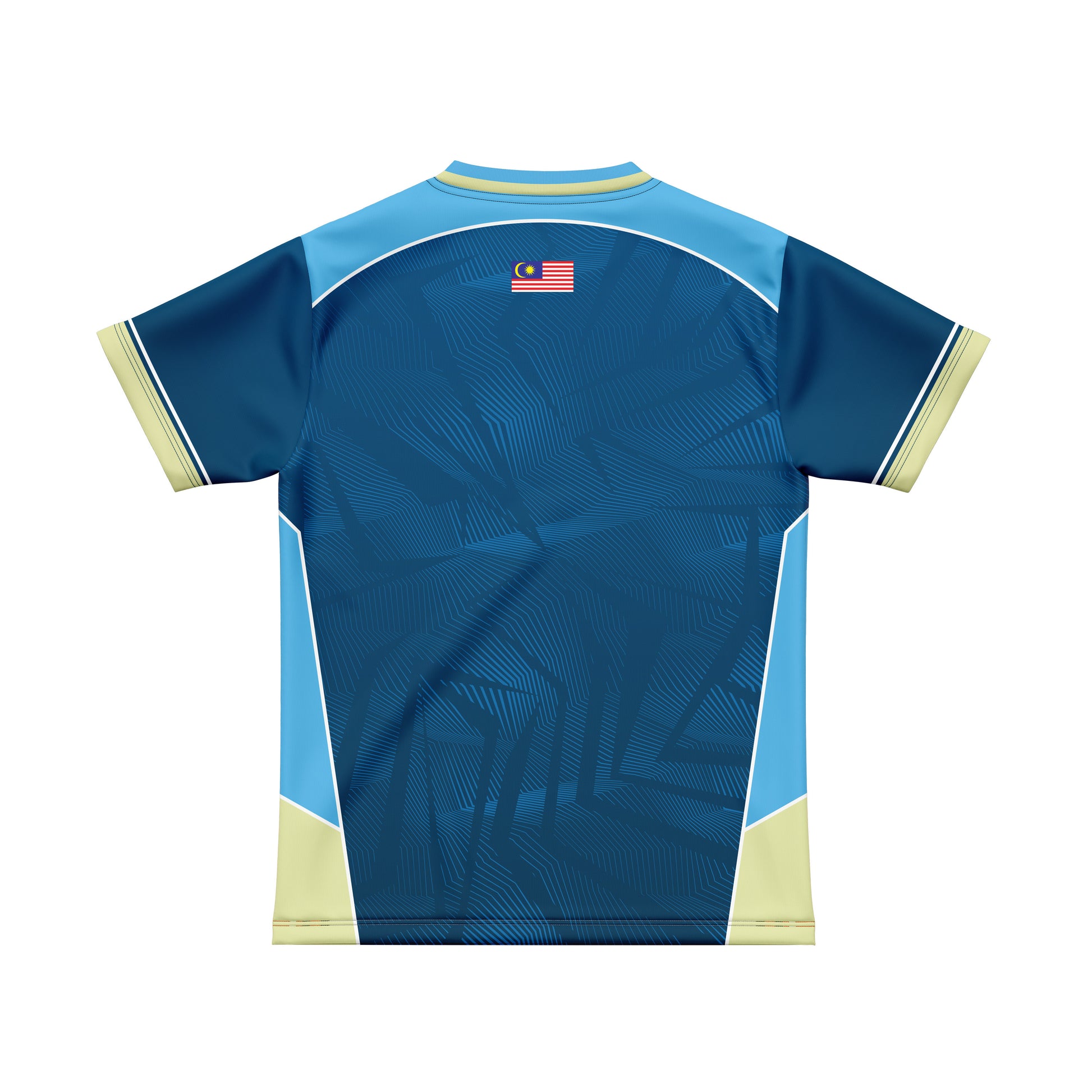 A short-sleeve athletic jersey shown from the back, featuring a dark blue body with a subtle geometric pattern, light blue side panels, pale yellow trim, and a small Malaysian flag emblem near the upper back.