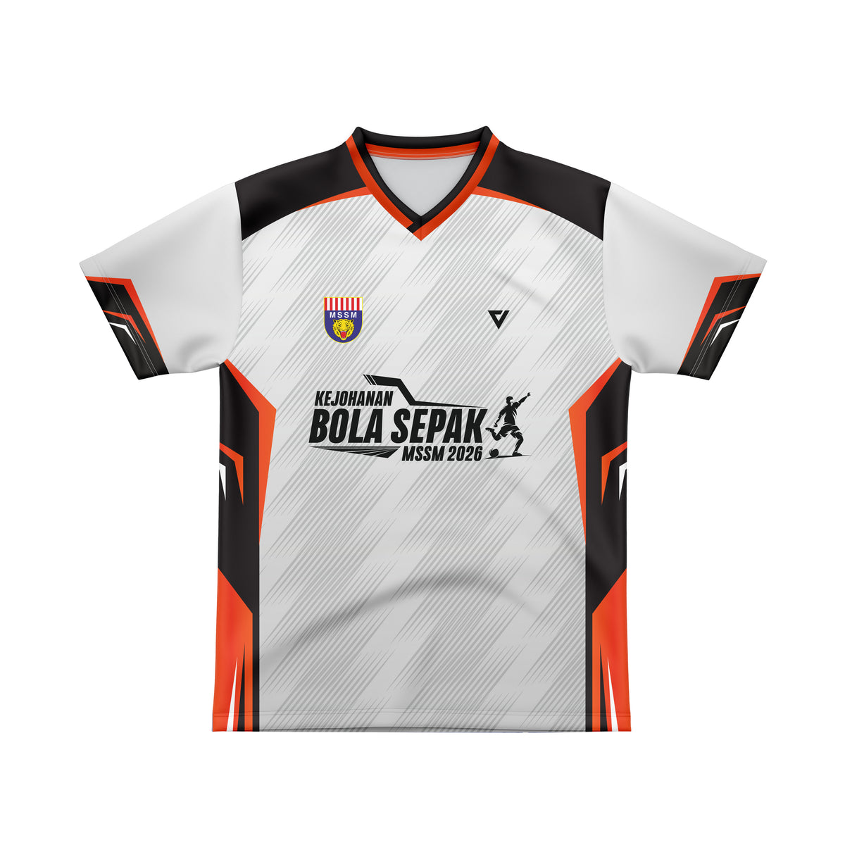 A short-sleeve sports jersey with a white, black, and orange color scheme, featuring a V-neck collar and a central graphic that reads 'KEJUARAAN BOLA SEPAK MSSM 2026'. The jersey has a subtle diagonal line pattern on the body and is displayed against a solid white background.
