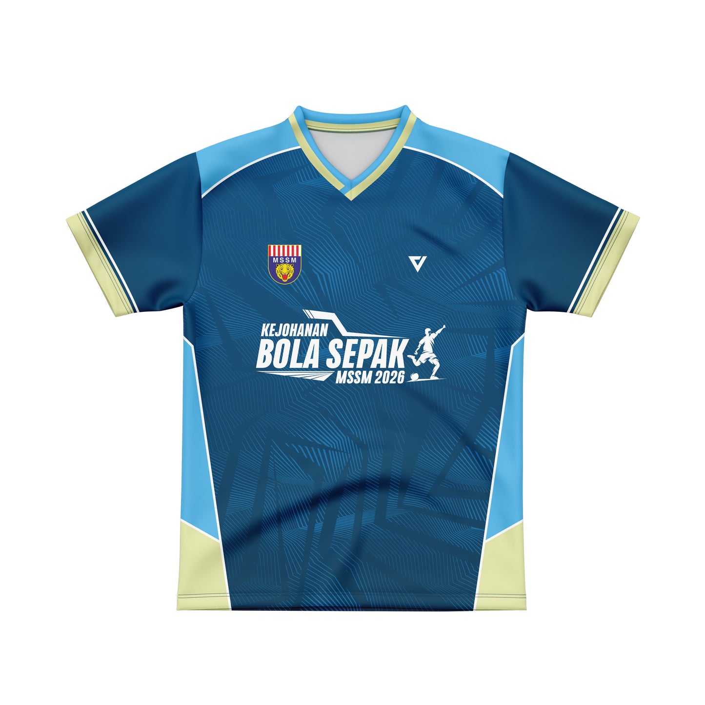 A blue and light blue short-sleeve sports jersey with cream accents, featuring a V-neck, a crest on the left chest, a white stylized logo on the right chest, and a central white graphic reading 'KEJOHANAN BOLA SEPAK MSSM 2026'.