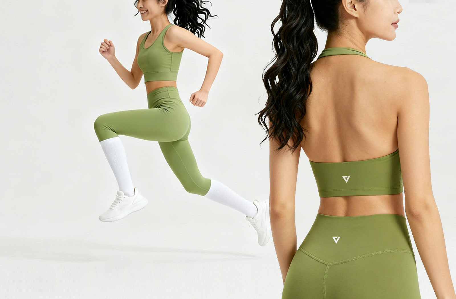Green athletic outfit with sports bra and leggings on a white background