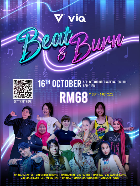Promotional event poster for 'Beat & Burn' featuring multiple performers, event details, a QR code, and the ViQ brand logo on a neon purple and blue background.